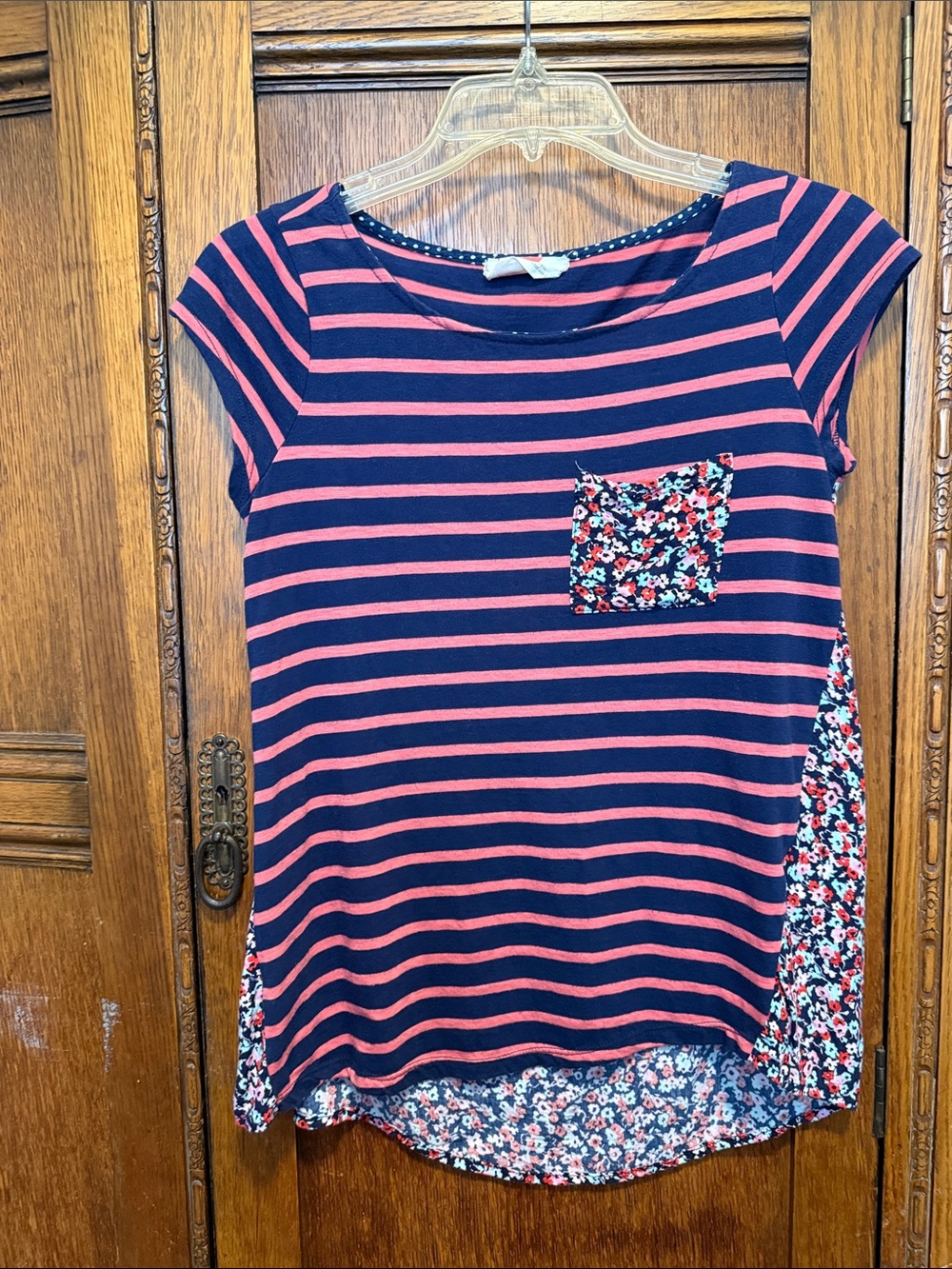 Anthropologie Navy & Coral Striped Tee with Floral Pocket
